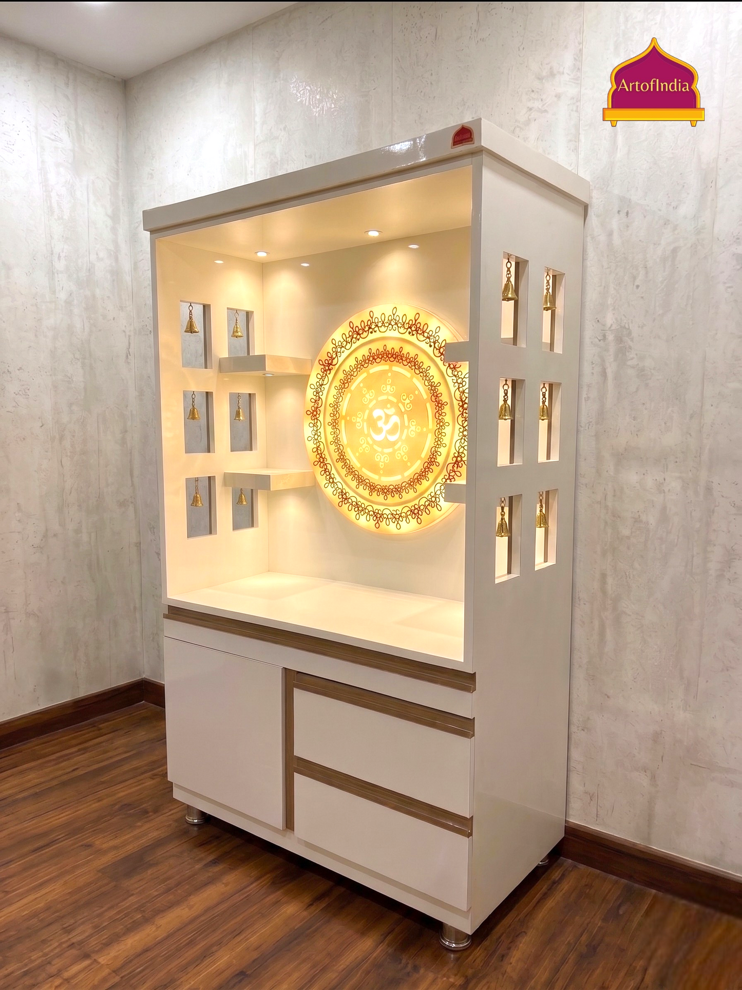 ARTOFINDIA White Wooden Pooja Mandir With Om Acrlyic Gola With Drawers Including Tray