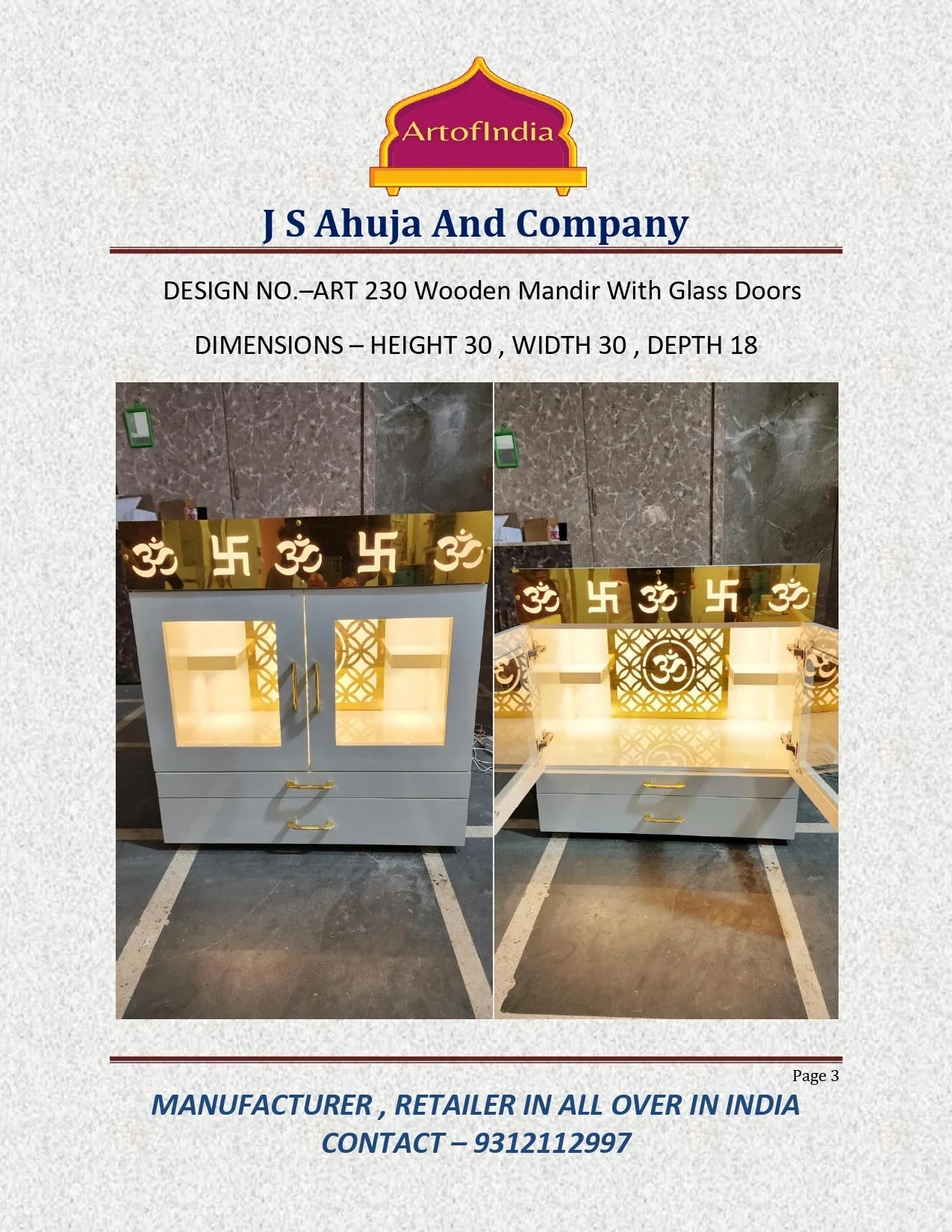 ARTOFINDIA Beautiful White Designer Wooden Mandir With Glass Doors & Shelfs For Home/ Designer Temple