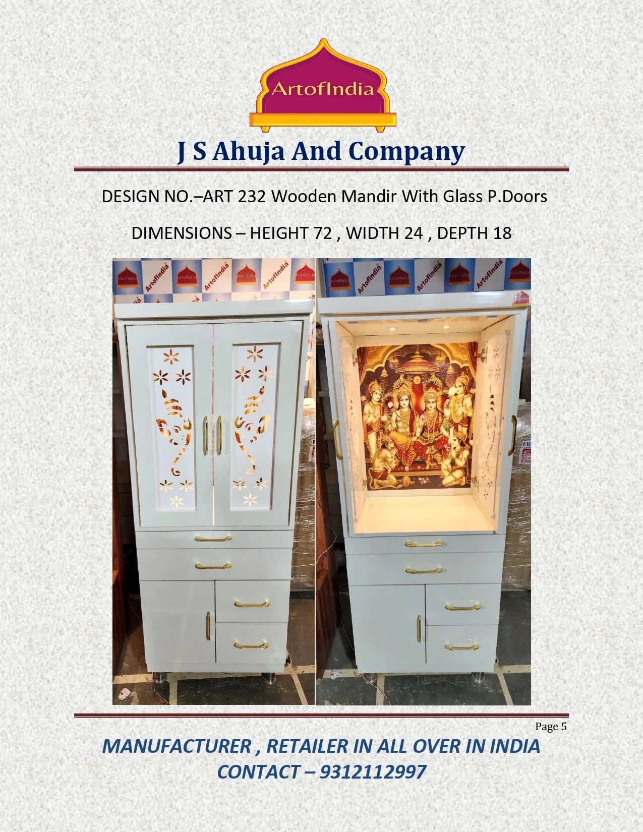 ARTOFINDIA Beautiful White Designer Wooden Mandir With Corian Photo (Ram Darbar) & Doors (Ganesha) For Home/ Designer Temple