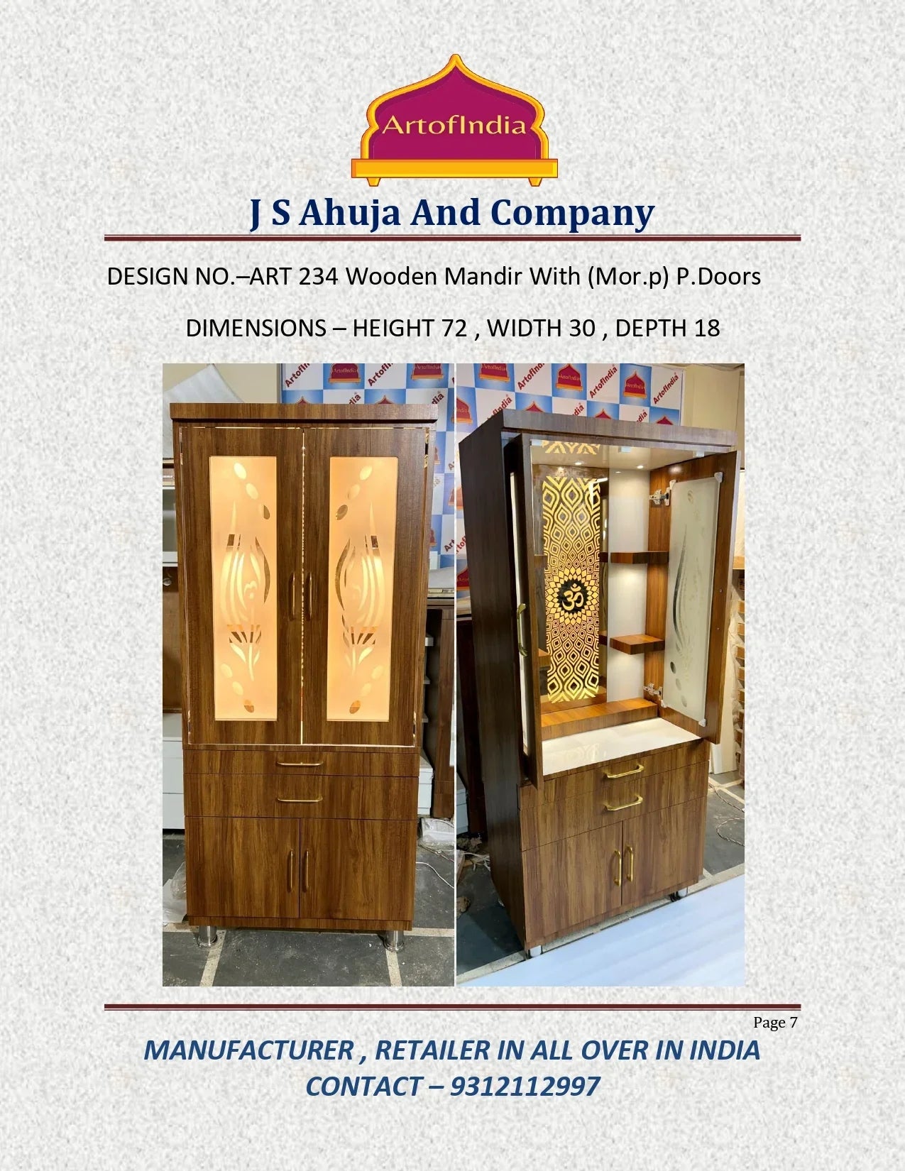 ARTOFINDIA Elegant Brown Designer Wooden Mandir With Glass Backlight (OM), Pocket Glass Doors (Mor pankh) & Shelfs For Home/ Designer Temple