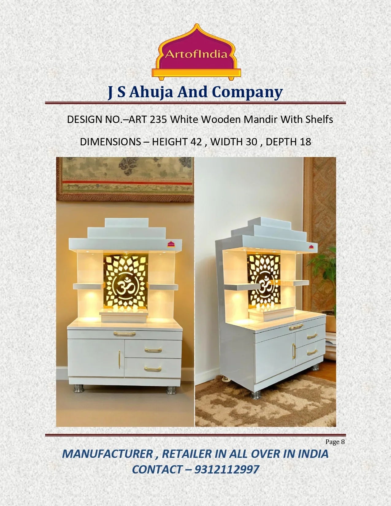 ARTOFINDIA Elegant White Designer Wooden Mandir With Shelfs For Home/ Designer Temple