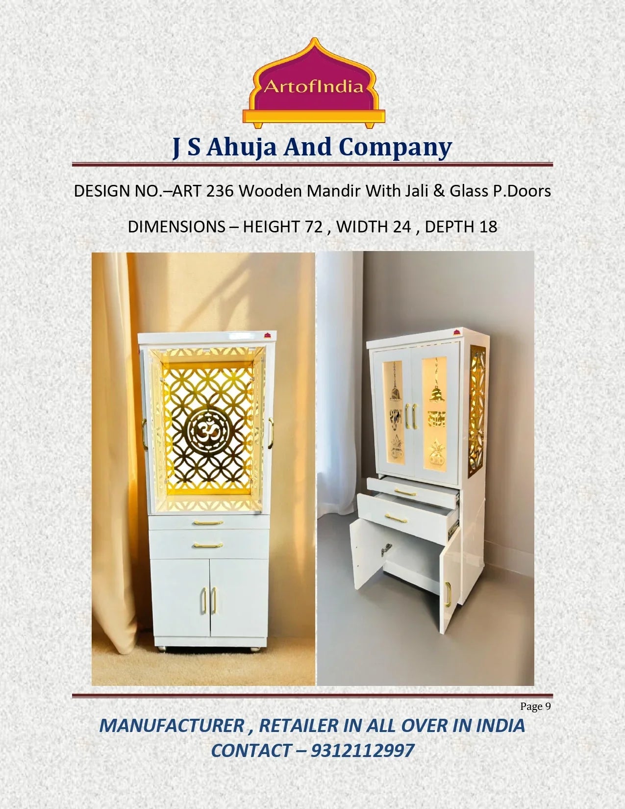ARTOFINDIA Elegant White Designer Wooden Mandir With Side Golden Jali & Glass Pocket Doors For Home/ Designer Temple