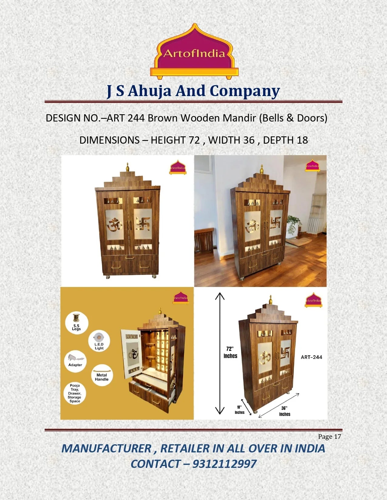 ARTOFINDIA Beautiful Brown Wooden Mandir With Designer Glass Doors, Shelfs & Bells For Home / Designer Temple