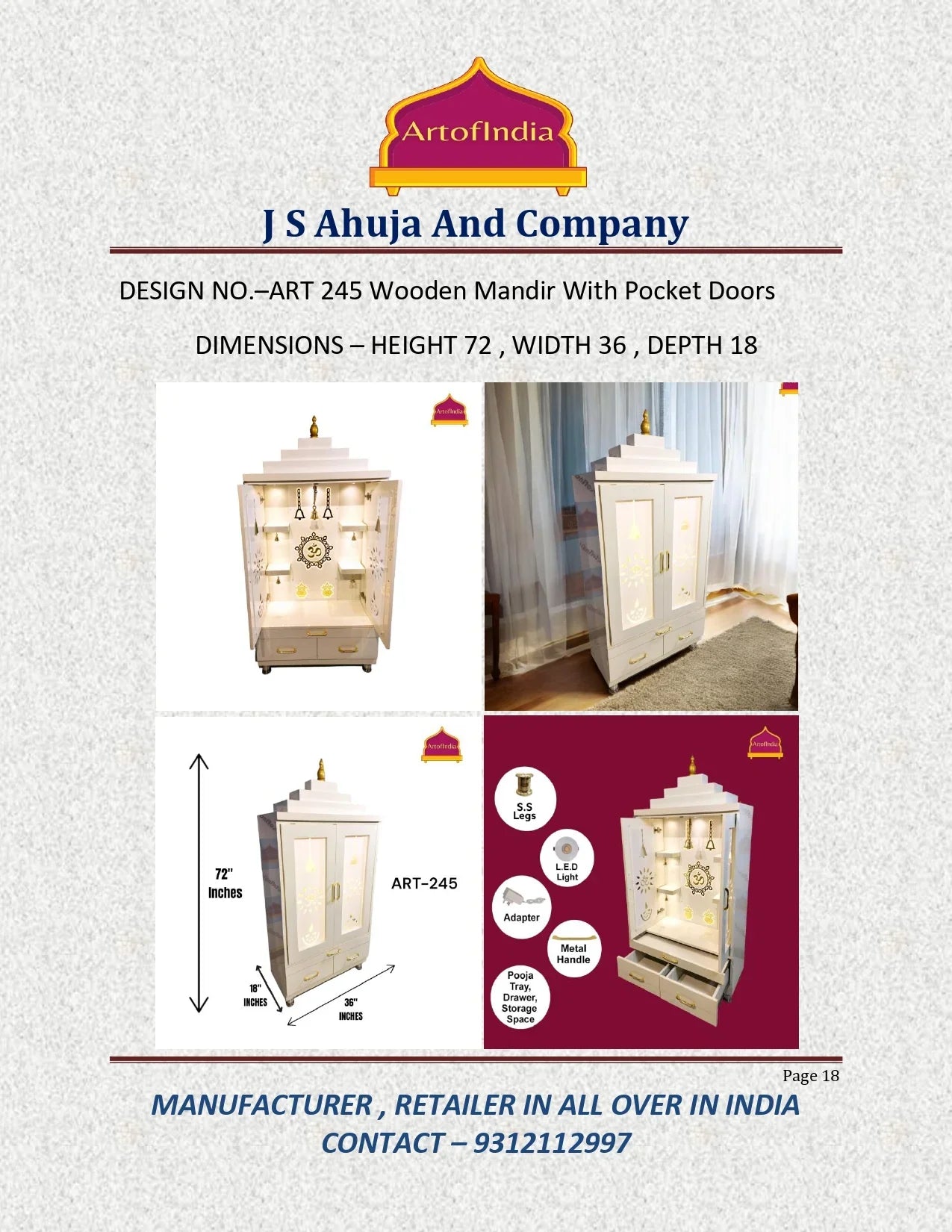 ARTOFINDIA Elegant White Wooden Mandir (Om) With Designer Doors, Shelfs For Home / Designer Temple