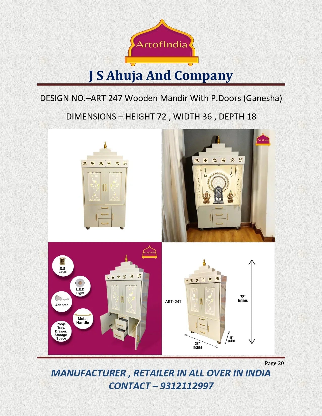 ARTOFINDIA Beautiful White Wooden Mandir (OM Acrylic Design) With Pocket Doors For Home / Designer Temple