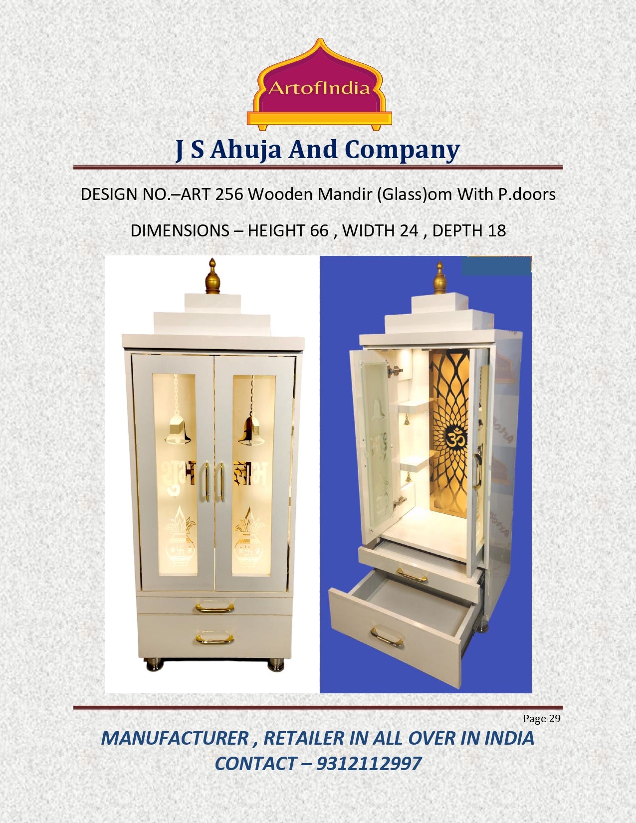 ARTOFINDIA Elegant White Wooden Mandir OM (Backglass) With Pocket Glass Doors (Shubh Labh & Kalas) And Shelfs For Home / Designer Temple