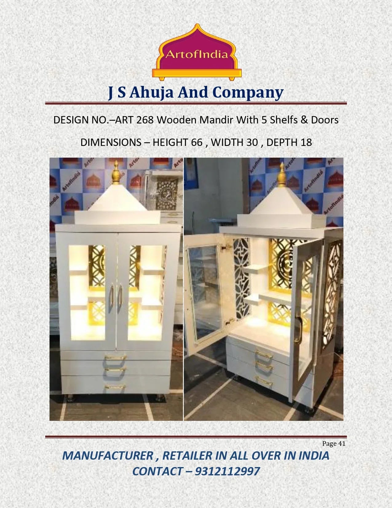 ARTOFINDIA Elegant White Wooden Mandir With (OM) With Glass Doors & 5 Shelfs For Home / Designer Temple