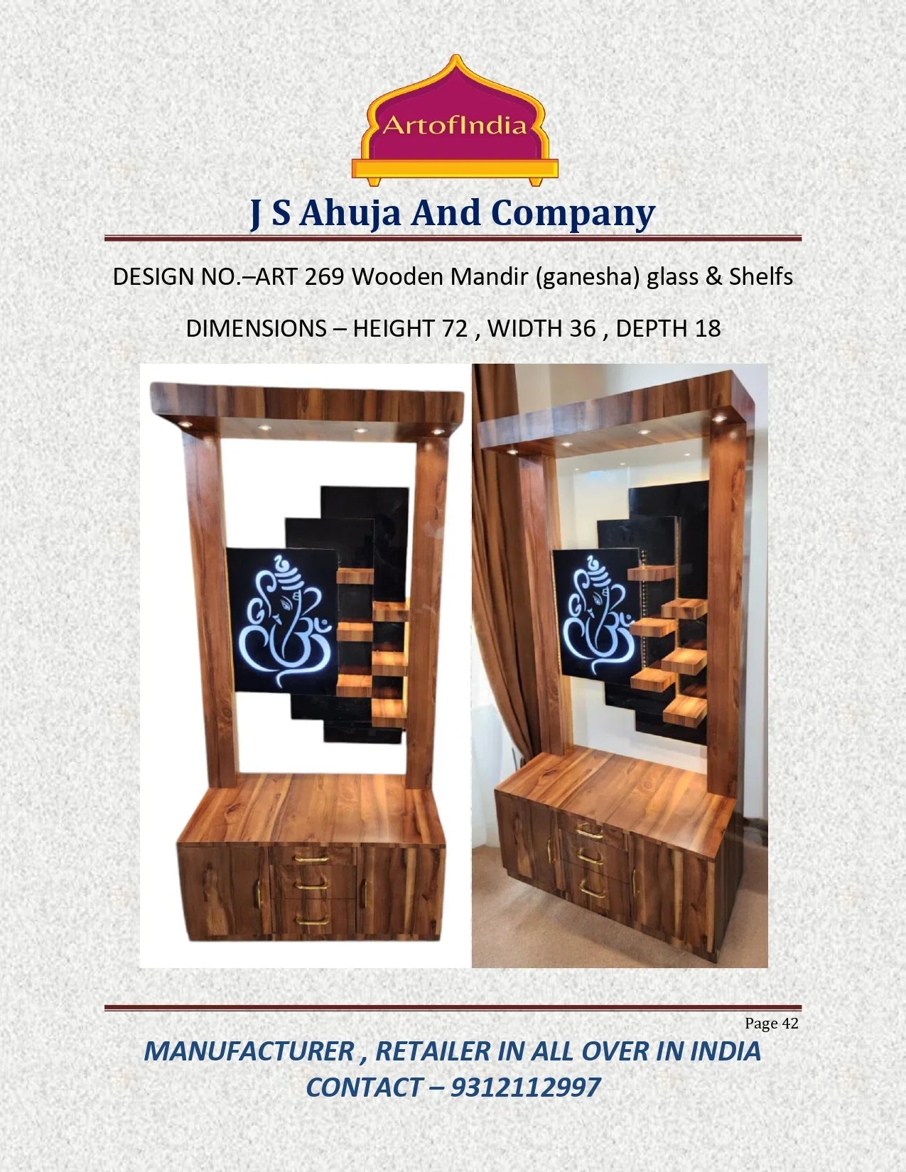 ARTOFINDIA Beautiful Brown Wooden Mandir With (GANESHA) Back Glass & 6 Shelfs For Home / Designer Temple