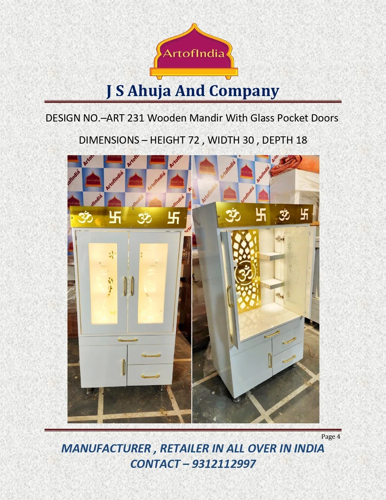 ARTOFINDIA Beautiful White Designer Wooden Mandir With Pocket Glass Doors (Ganesha) & Shelfs For Home/ Designer Temple
