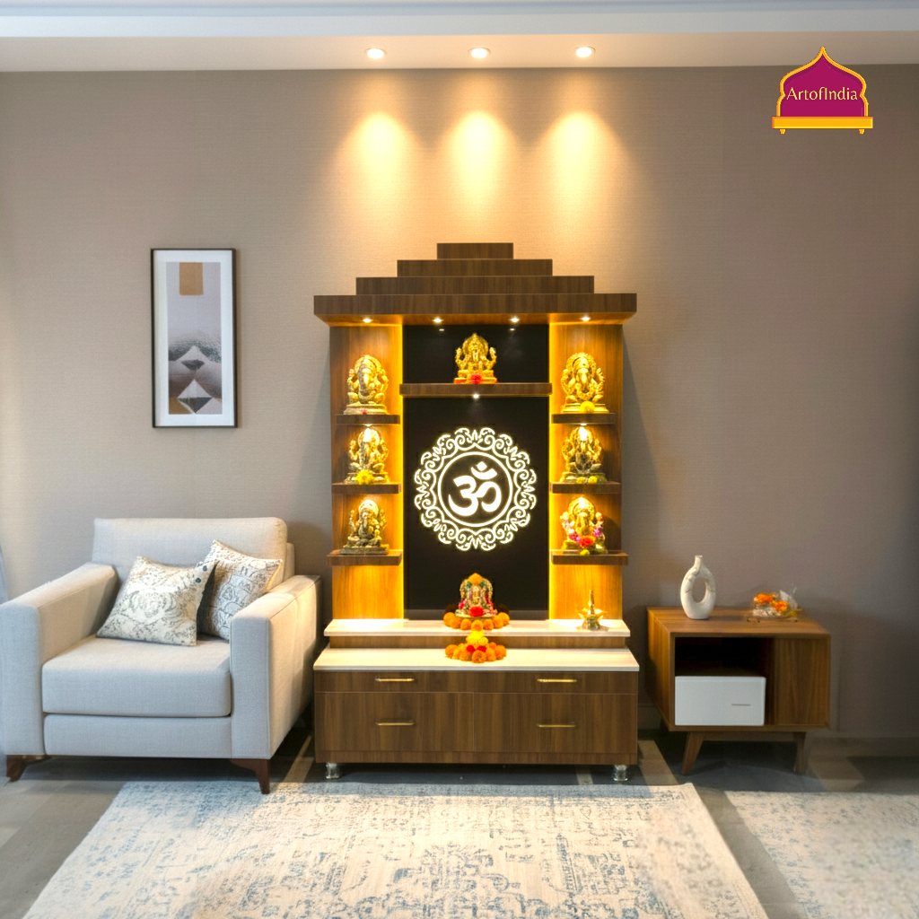 ARTOFINDIA Brown Wooden Pooja Mandir With Om Design Glass With Drawers Included Tray