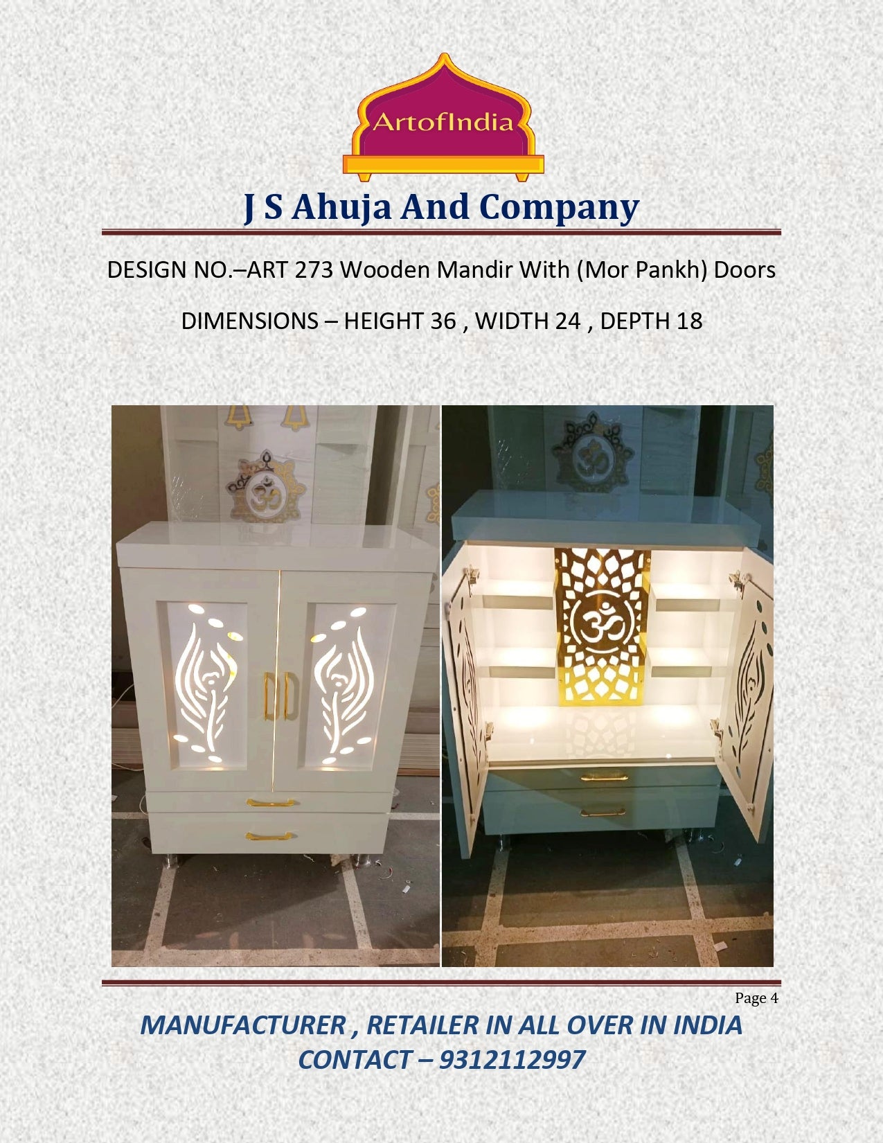 ARTOFINDIA White Wooden Pooja Mandir Mor Pankh Doors ,Om jali with shelfs and drawers &tray