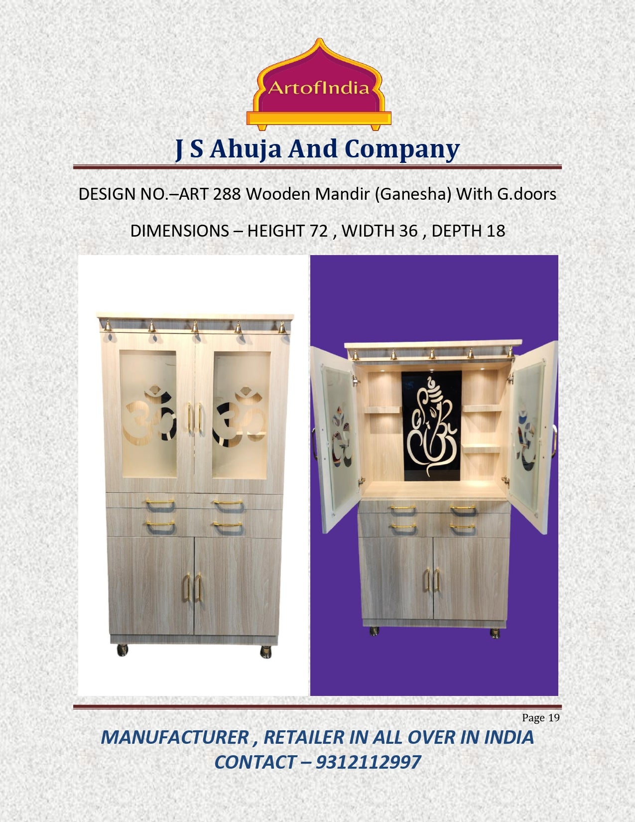 ARTOFINDIA White Wooden Pooja Mandir With Glass Doors & Ganesha glass and Drawers Included Tray