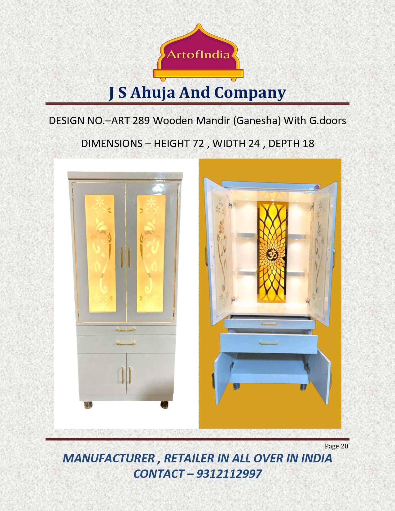 ARTOFINDIA White Wooden Pooja Mandir With Ganesha glass Door and Drawers Included Tray