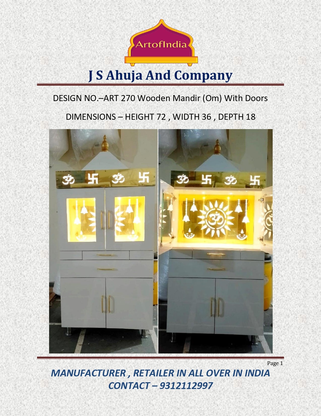 ARTOFINDIA White Wooden Pooja Mandir Normal Door Inside Cooper Glass Foldable Gumbat