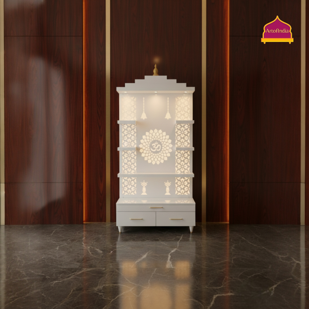ARTOFINDIA White Wooden Pooja Mandir With Om Acralyic Design Glass With Drawers Included Tray