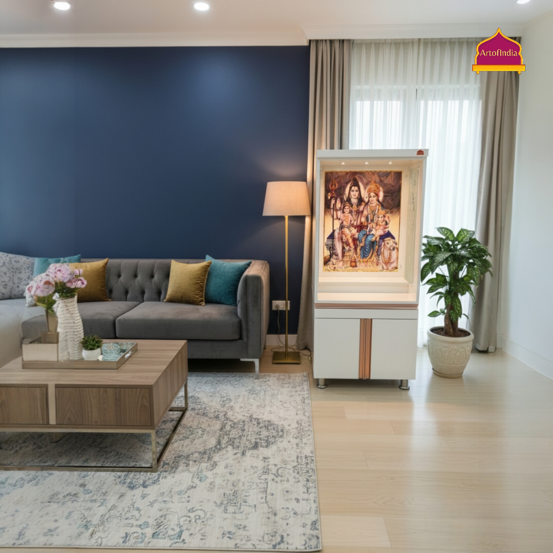 ARTOFINDIA White Wooden Corian Pooja Mandir With Shiv Pariver Design And Doors With Drawers Included Tray