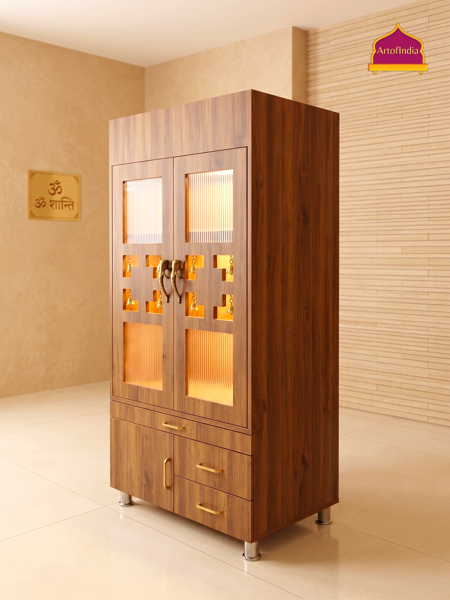 ARTOFINDIA Brown Wooden Pooja Mandir With Trishul Glass and flueted Glass Door & and Drawers Included Tray