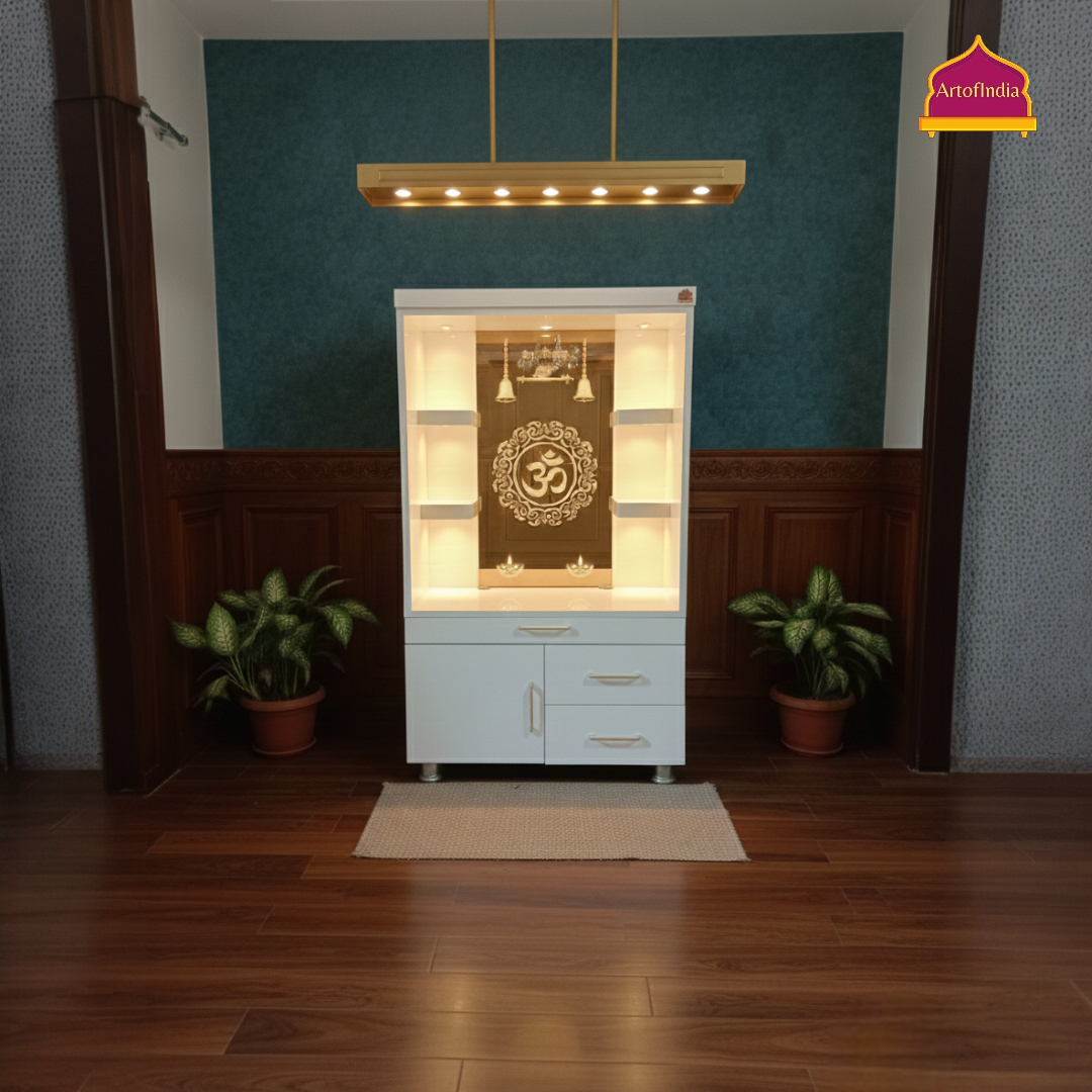 ARTOFINDIA White Wooden Pooja Mandir With Om Design Glass and Drawers Included Tray