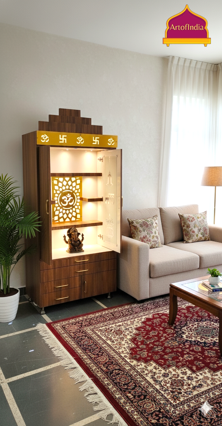 ARTOFINDIA BrownWooden Pooja Mandir With glass door & Gumbad ,shelfs and drawers & tray