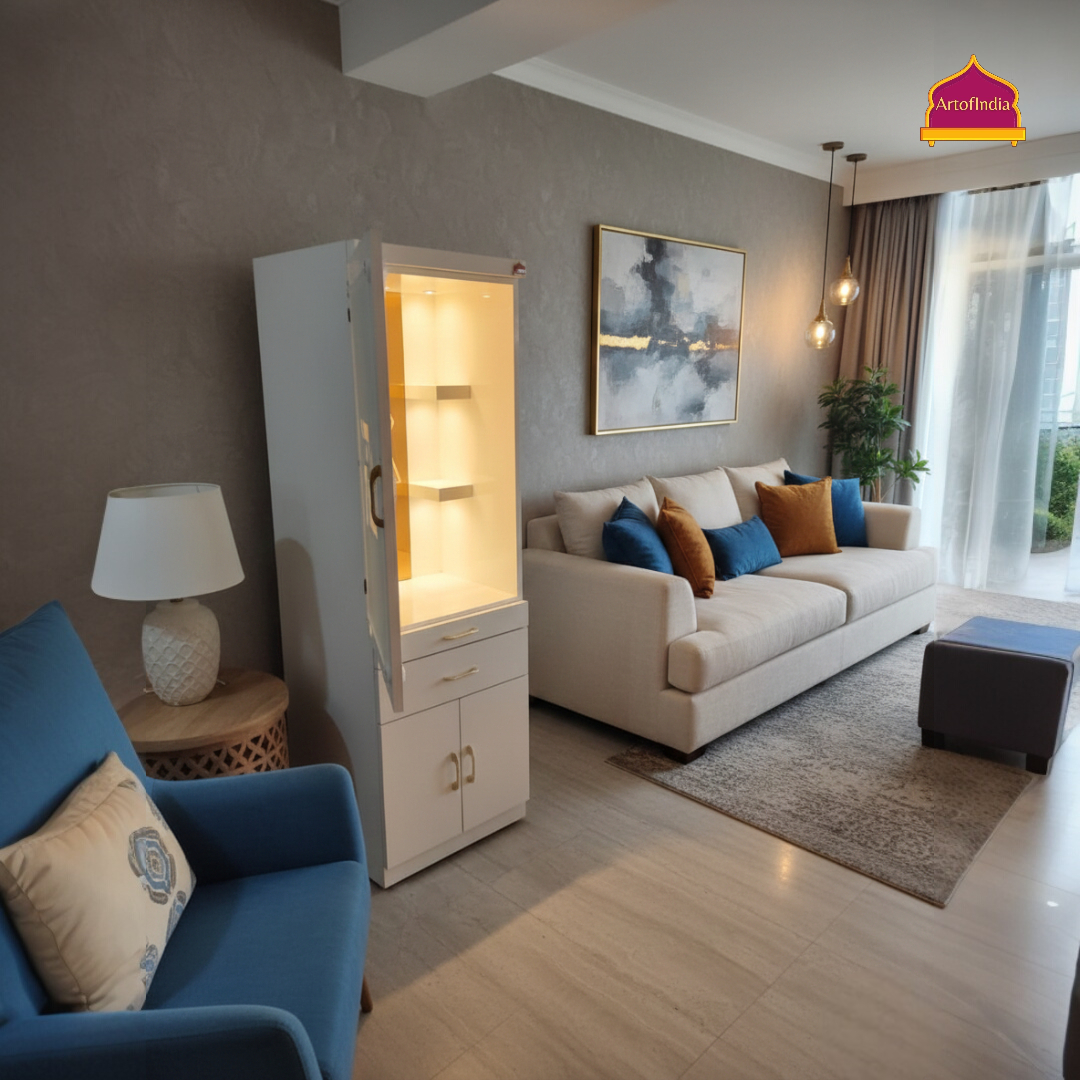 ARTOFINDIA White Wooden Pooja Mandir With Jain Glass And Doors With Drawers Included Tray