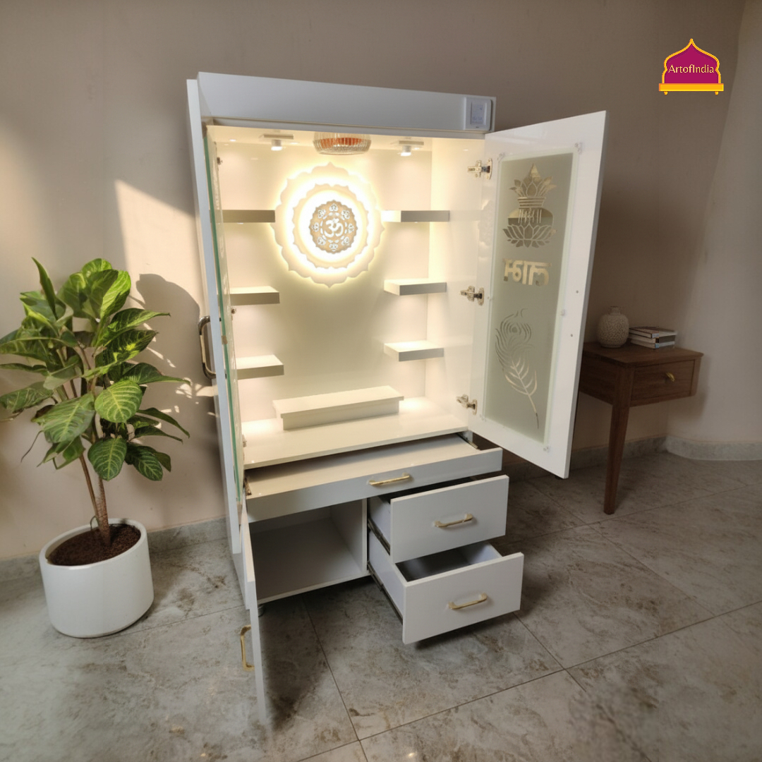 ARTOFINDIA White Wooden Pooja Mandir With OM Design And Doors With Drawers Included Tray