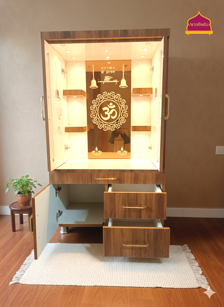 ARTOFINDIA White Brown Wooden Pooja Mandir With Om Glass & Glass Door and Drawers Included Tray