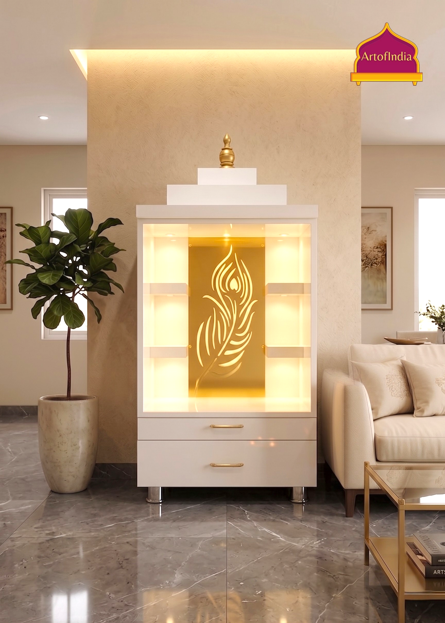 ARTOFINDIA/Elegant White Wooden Mandir With Shelfs And Mor Pankh Jali For Home /Designer Temple
