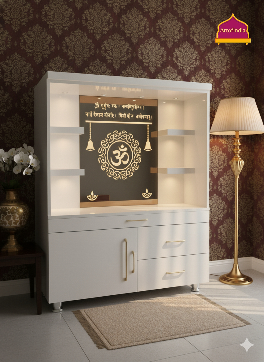 ARTOFINDIA White Wooden Pooja Mandir With Om Glass & Shelfs and Drawers Included Tray