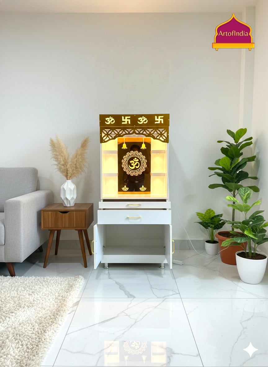 ARTOFINDIA White Wooden Pooja Mandir With Om Glass & Glass Doors and Drawers Included Tray