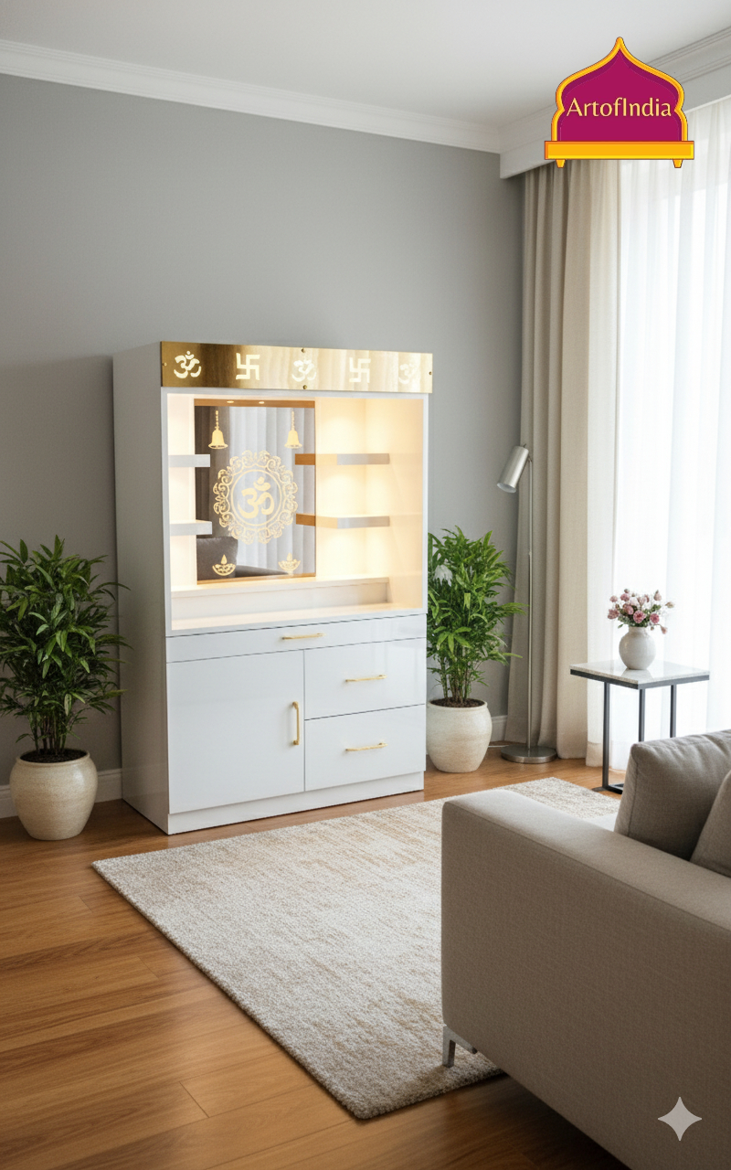 ARTOFINDIA White Wooden Pooja Mandir With Om Glass and drawers & tray