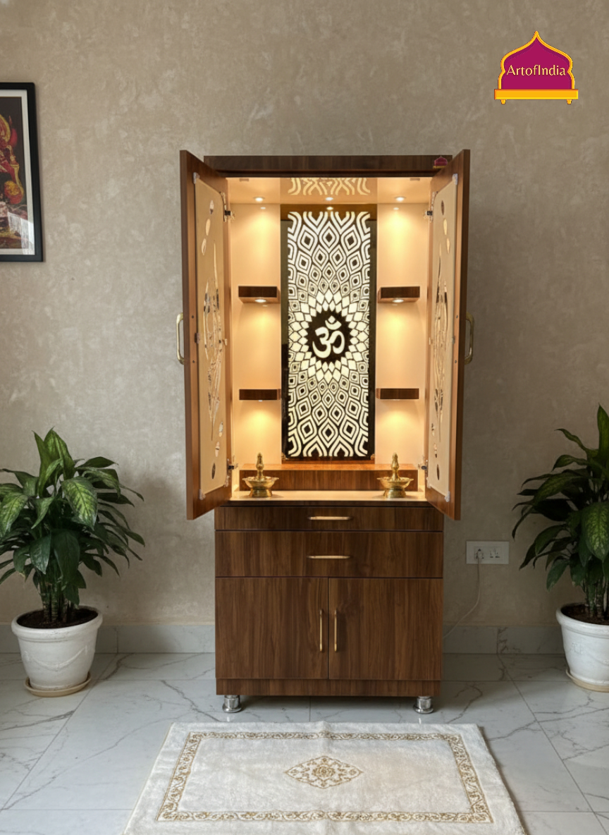 ARTOFINDIA Brown Wooden Pooja Mandir With Mor Pankh Glass Door & and Drawers Included Tray