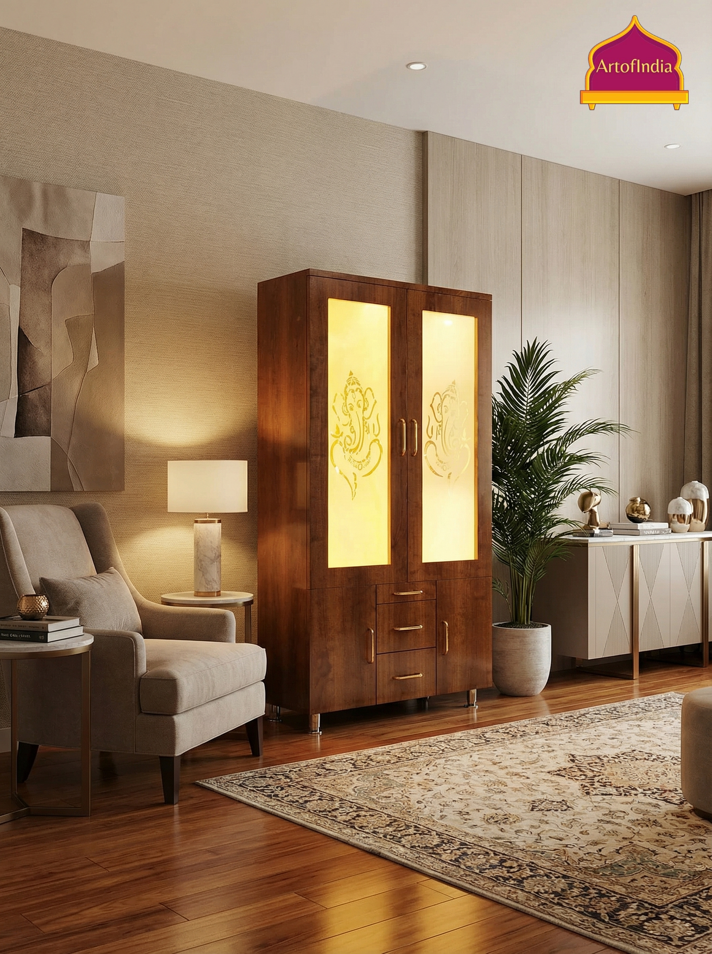 ARTOFINDIA Brown Wooden Pooja Mandir Ganesh Doors ,Om jali with shelfs and drawers &tray