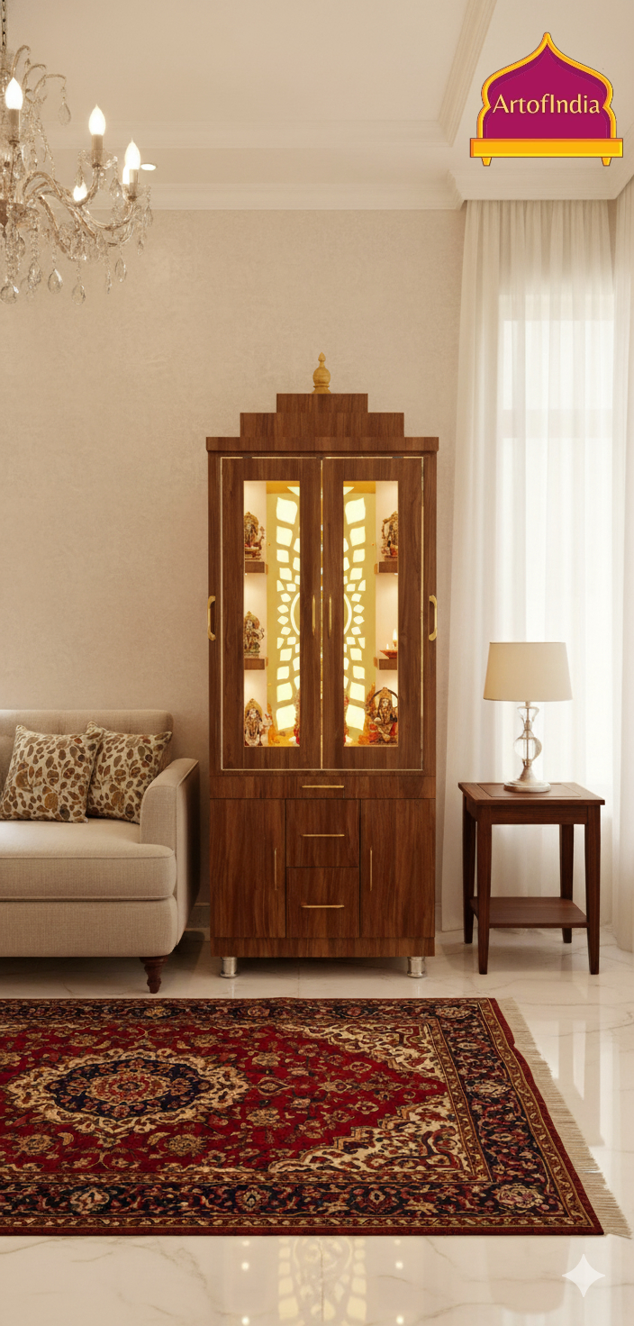 ARTOFINDIA White Wooden Pooja Mandir With Gumbad & Om jali with shelfs and drawers &tray