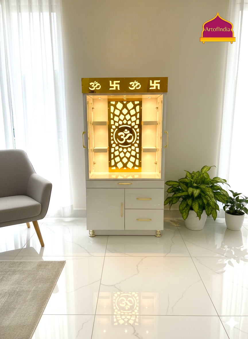 ARTOFINDIA White Wooden Pooja Mandir With Om Jali & Glass Doors and Drawers Included Tray