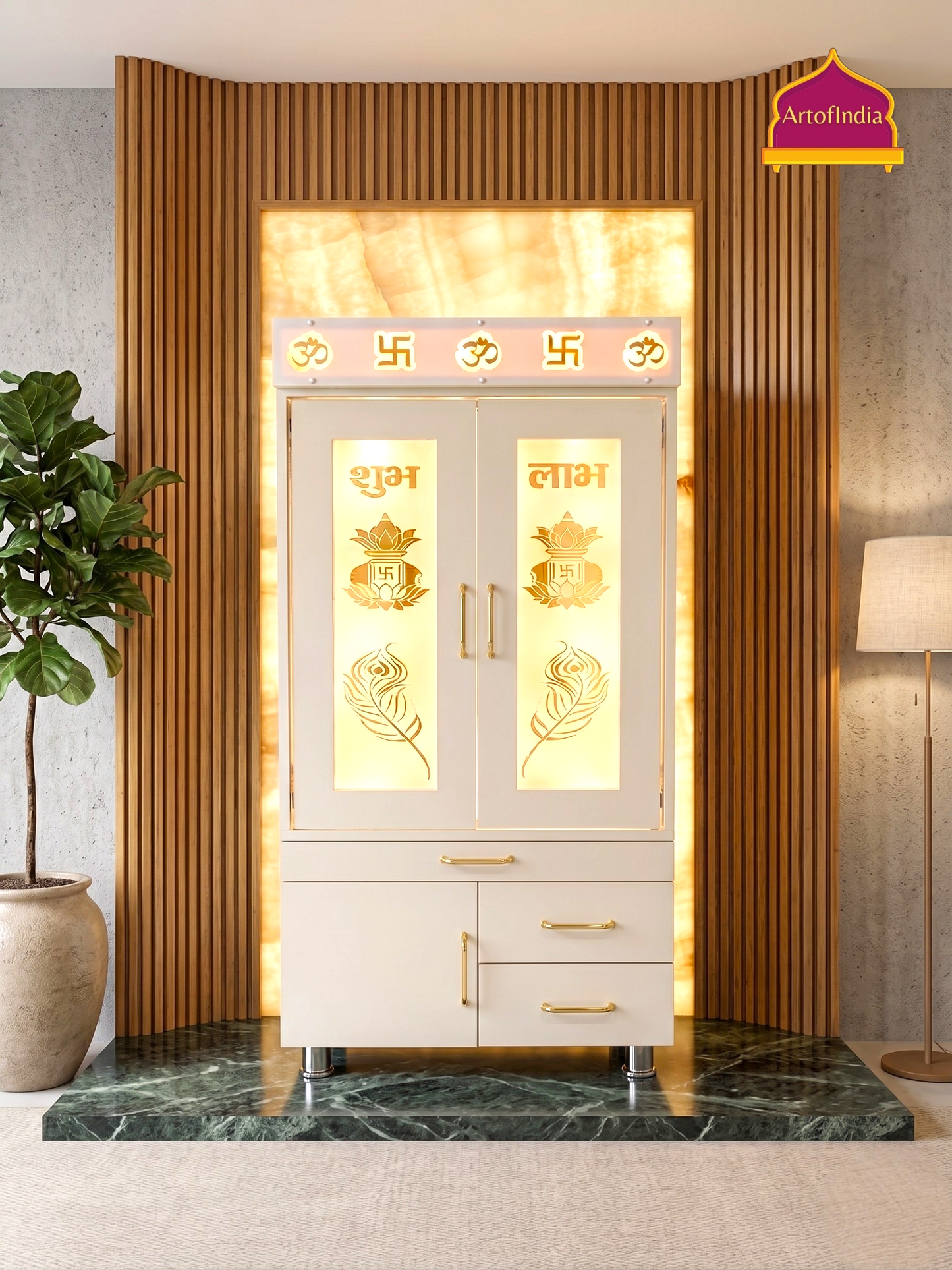 ARTOFINDIA White Wooden Pooja Mandir With Om Swastik Patti and Om Glass With P. Doors And step Drawers Including Tray