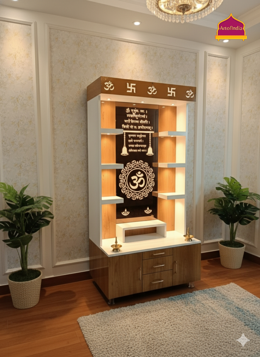 ARTOFINDIA White Brown Wooden Pooja Mandir With Om Glass and Drawers Included Tray