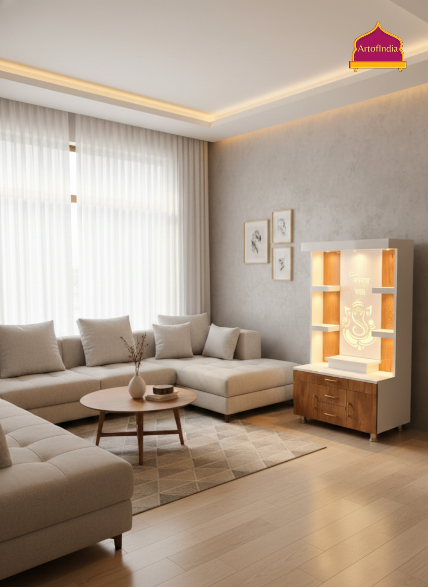 ARTOFINDIA White Wooden Pooja Mandir With Ganesh Design and Drawers Included Tray