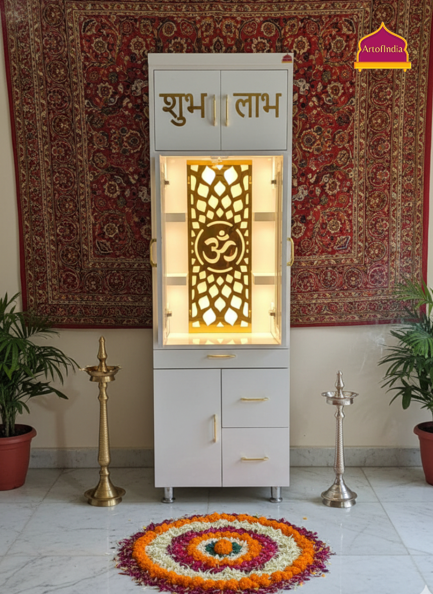 ARTOFINDIA White Wooden Pooja Mandir With Om Jali & Shelfs and Drawers Included Tray