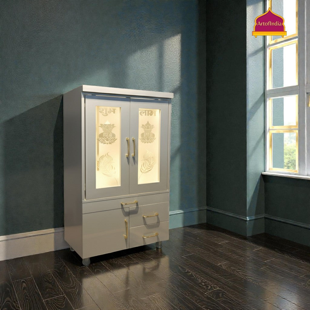 ARTOFINDIA White Wooden Pooja Mandir With jali Doors & Om Jali and Drawers Included Tray