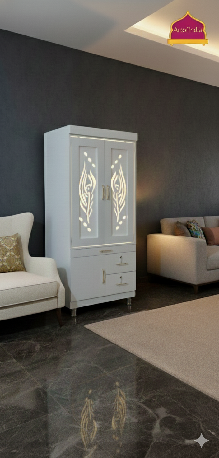 ARTOFINDIA White Wooden Pooja Mandir With mor pankh door & Shri Radha Design with shelfs and drawers & tray