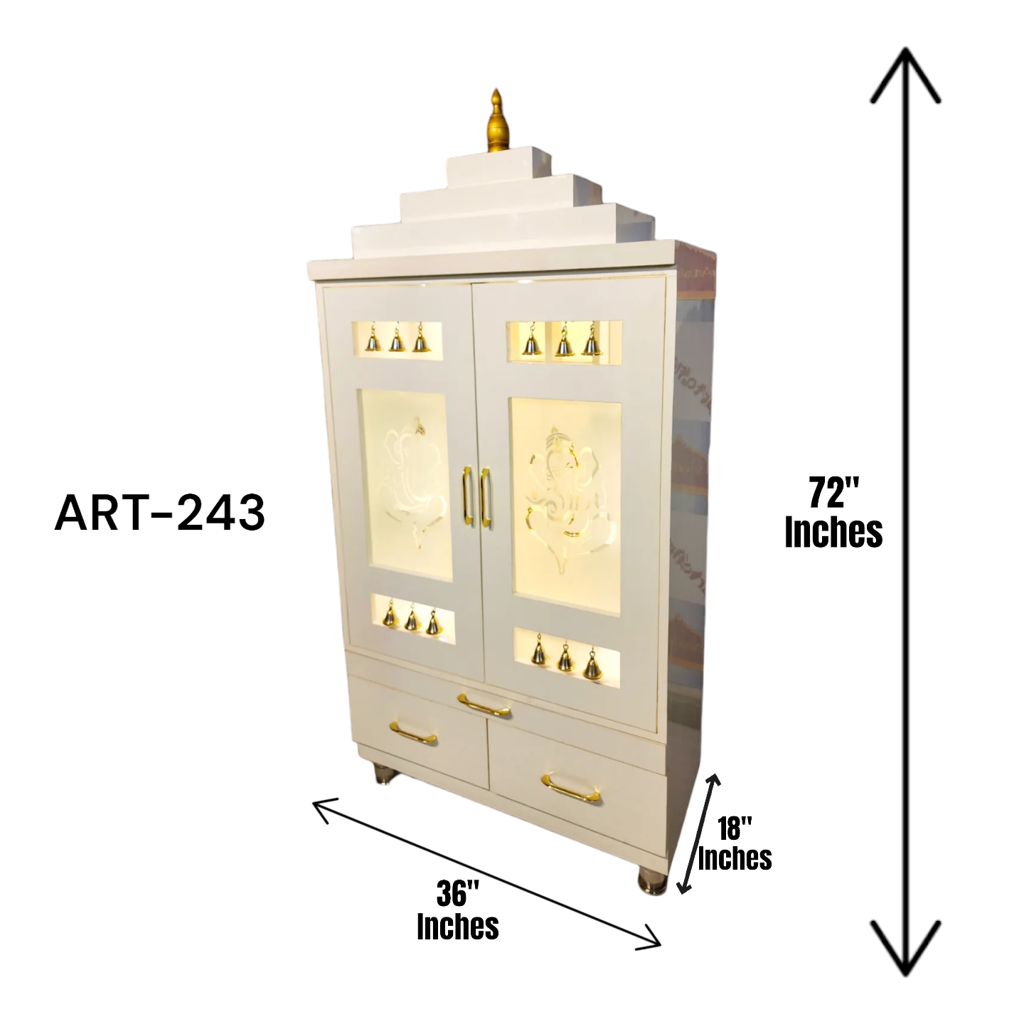 ARTOFINDIA Elegant White Wooden Mandir With Designer Glass Doors, Shelfs & Bells For Home / Designer Temple