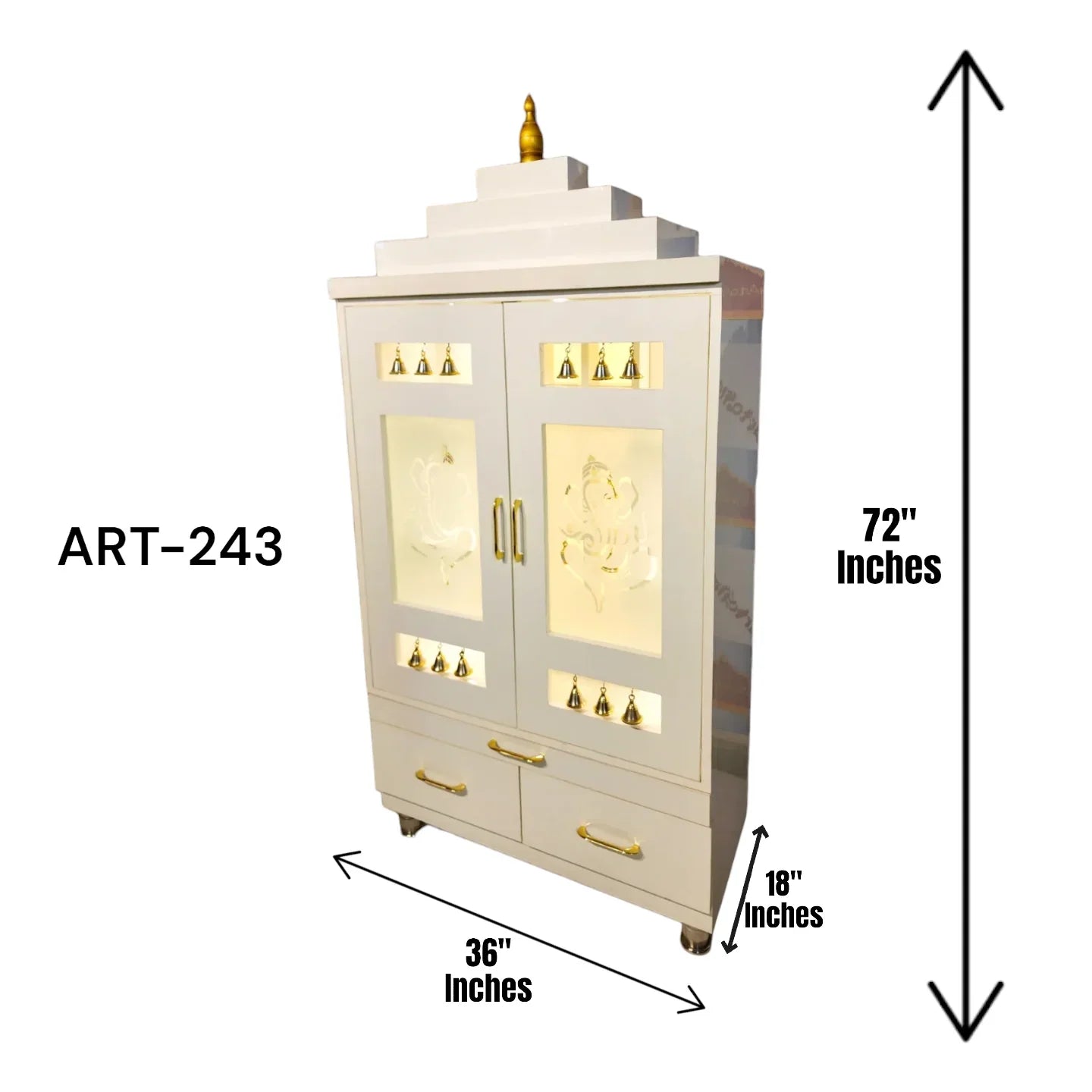 ARTOFINDIA Elegant White Wooden Mandir With Designer Glass Doors, Shelfs & Bells For Home / Designer Temple