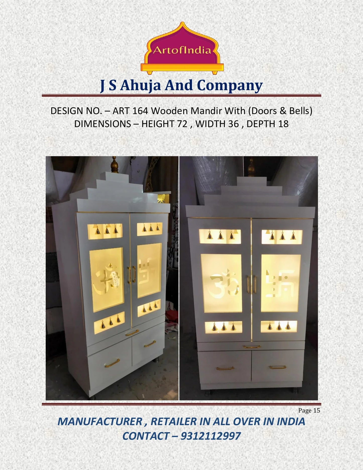 ARTOFINDIA/Stunning White Wooden Mandir With Designer Glass Doors, Shelf & Bells For Home /Designer Temple