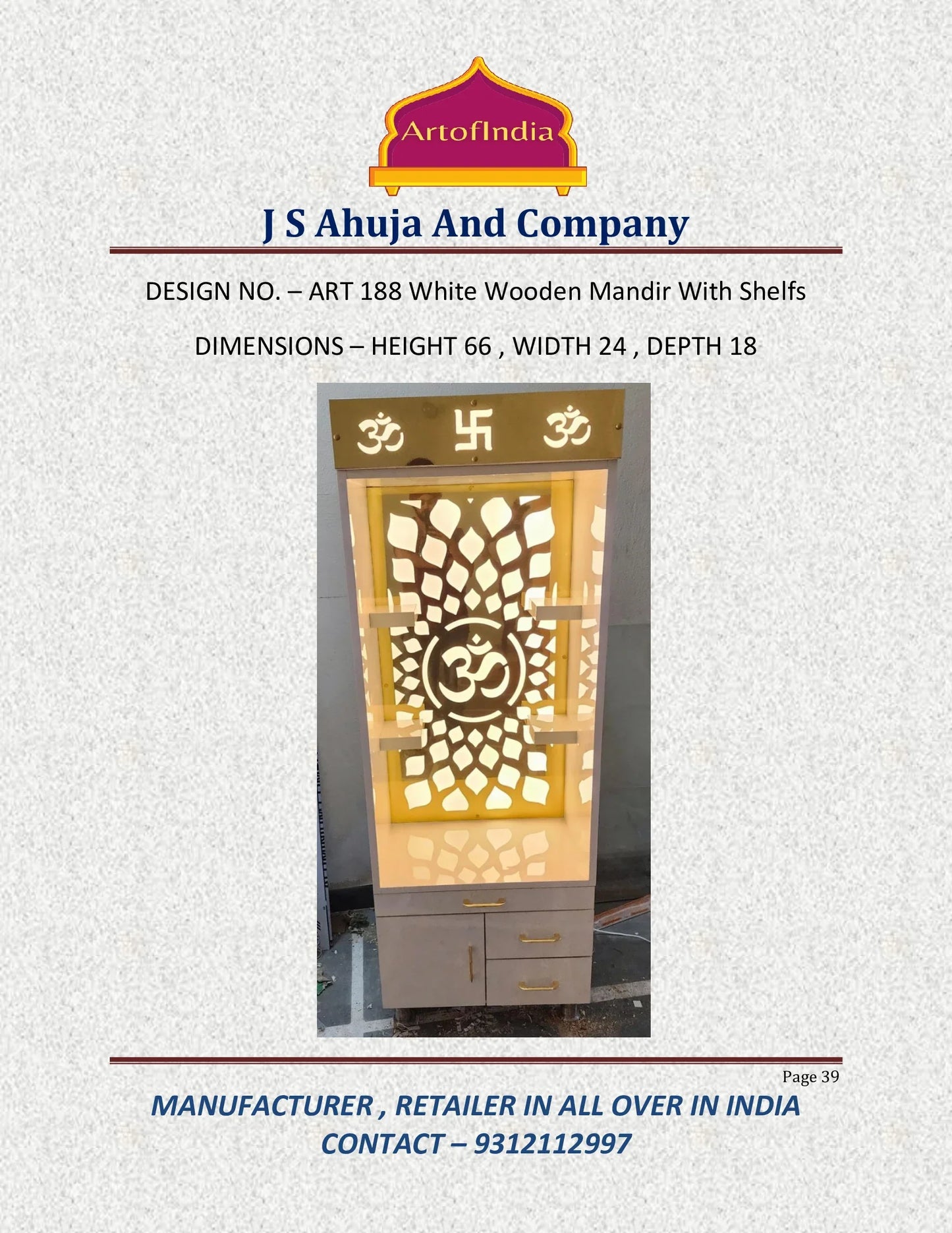 ARTOFINDIA/Elegant White Designer Wooden Mandir With Shelfs For Home/Designer Temple