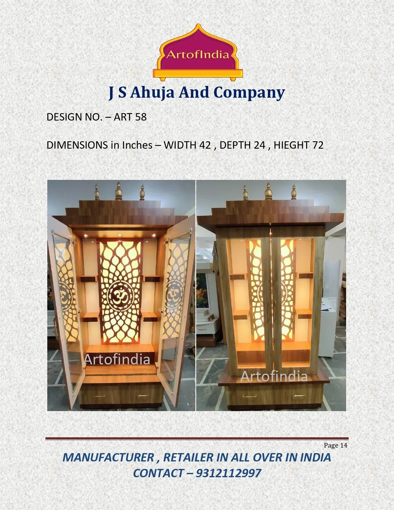 ARTOFINDIA/OM Gold Pooja Door Mandir For Home/Designer Temple