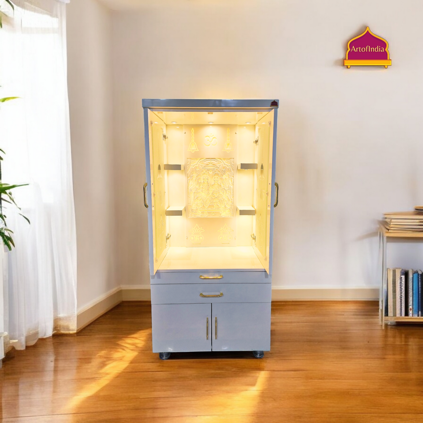 ARTOFINDIA White Wooden Pooja Mandir With glass Door and Drawers Included Tray