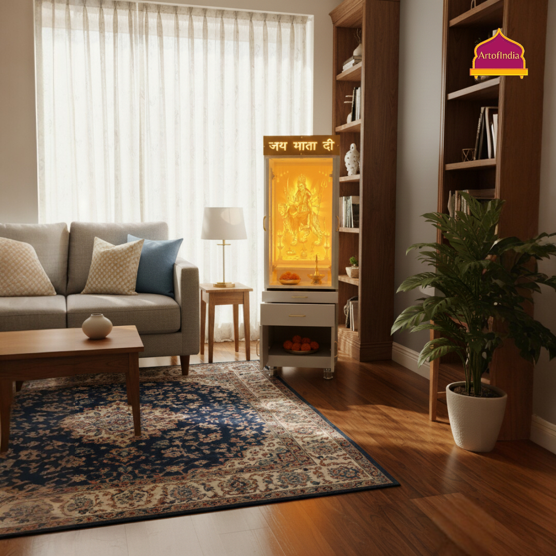 ARTOFINDIA White Wooden Corian Mandir With Mata Ji Design Corian Mandir With Drawers Included Tray