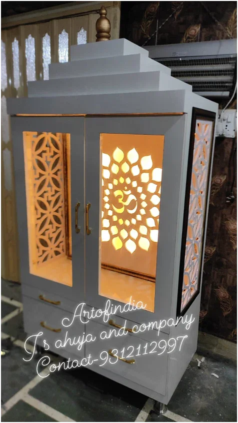 ARTOFINDIA/White Door Glass Side Jali Wooden Mandir For Home /Designer Temple