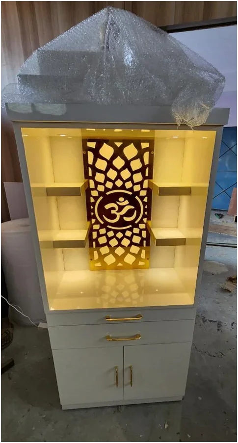 ARTOFINDIA/Beautiful White Wooden Mandir With Designer Golden Jali And Shelfs For Home /Designer Temple