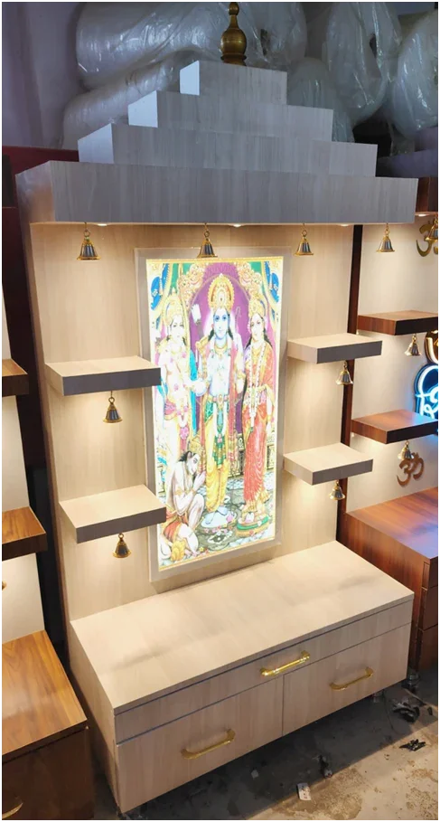 ARTOFINDIA/Elegant White Wooden Mandir With (Shree Ram) Photo & Shelfs For Home /Designer Temple